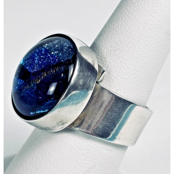 925 Sterling Silver Vintage Dichroic Glass Modernist Ring Size 7.25 / 13.4 Grams - Picture 3 of 9